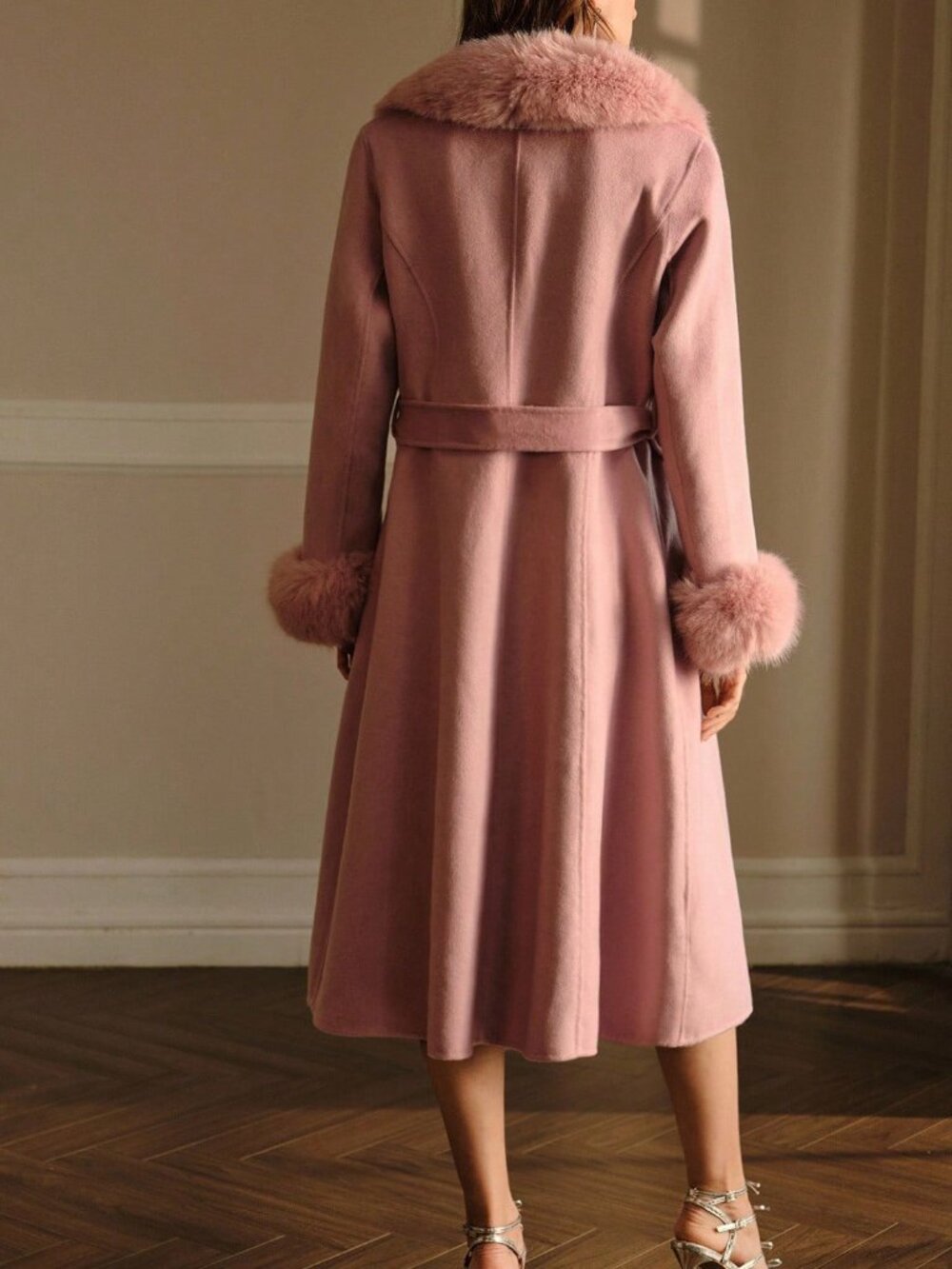 Baby Pink Elegant Women's Contrast Faux Fur Belted Overcoat - Picture 2 of 8